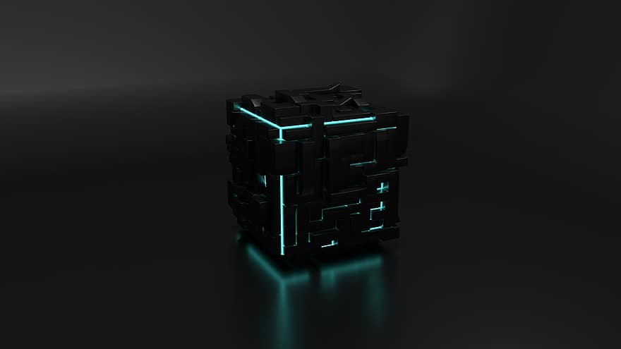 Cube, Blender Render, 3d, Blue Lights