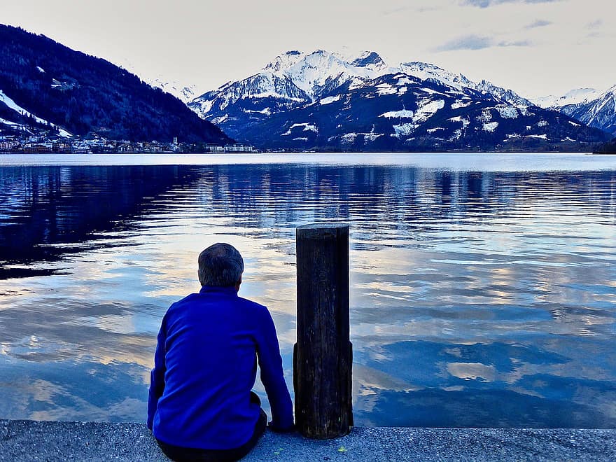 Man, Lake, Serene, Pensive, Tranquility, Quiet, Mountain, Nature, men, water, one person