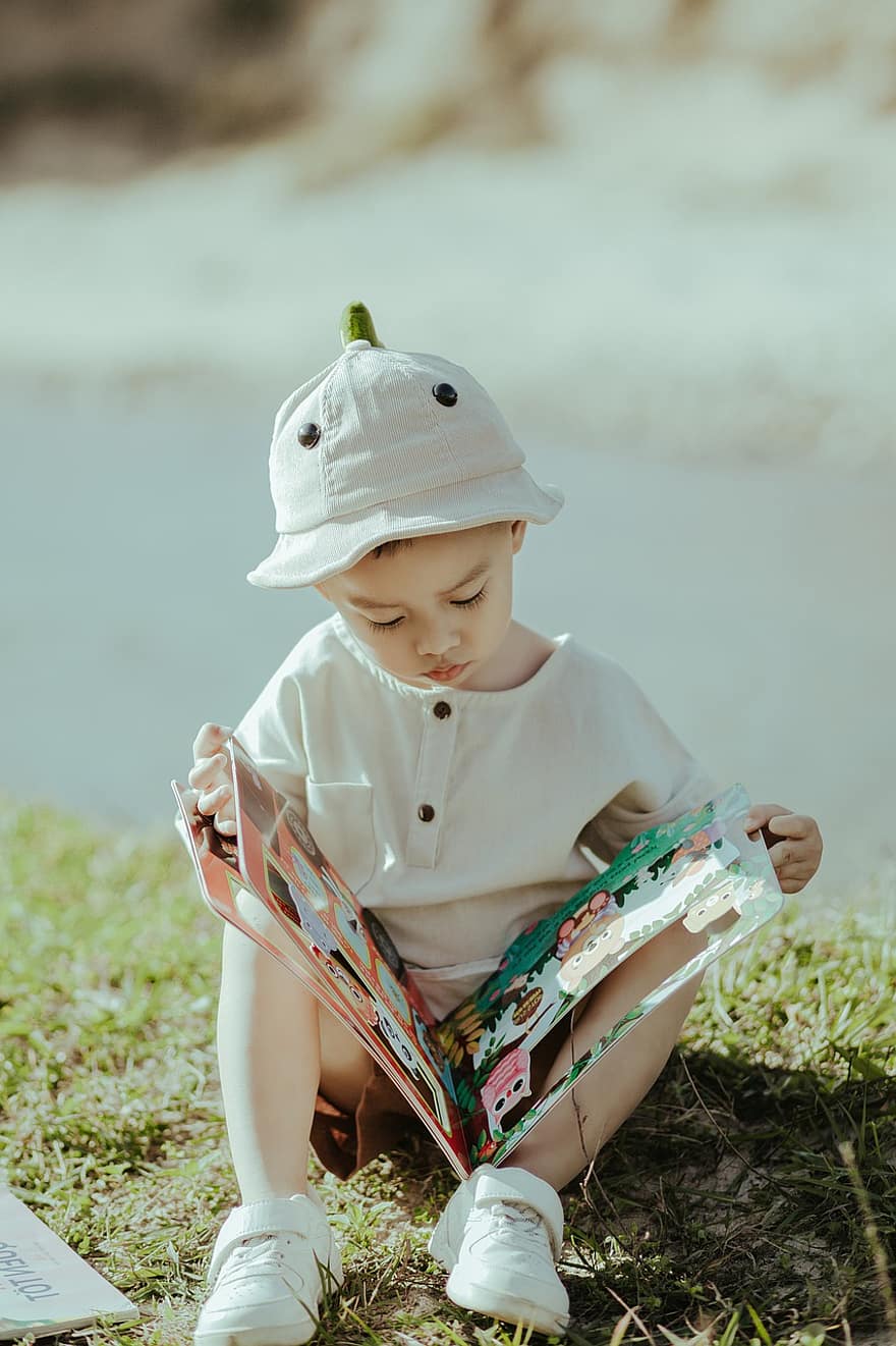Child, Boy, Cute, Kid, Young, Childhood, Lovely, Book, Read, Field, Outdoors