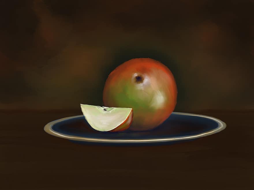stilleven, appel, bord, schotel, oud, stijl, reflectie, donker, achtergrond, voedsel, fruit