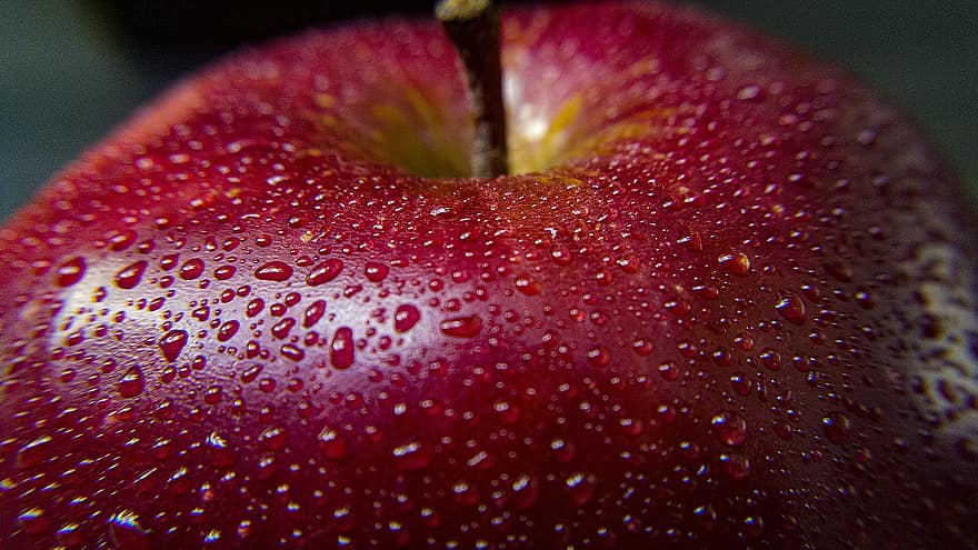 äpple, frukt, daggdroppar, dagg, röd, Ekologisk mogen, färsk, producera, hälsosam, mat, närbild