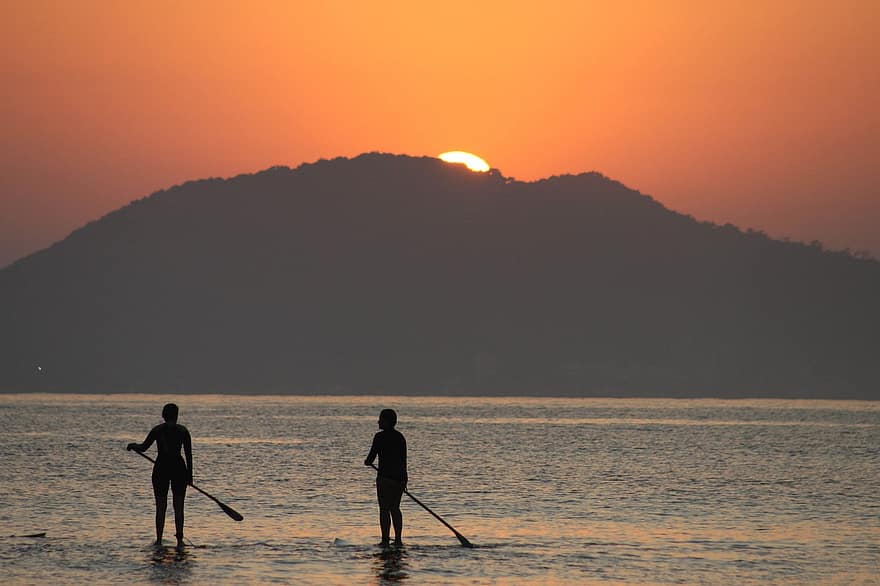 svítání, paddleboarding, moře, silueta, slunce, slunečního světla, Dovolená, dovolená, volný čas, turistů, lidé