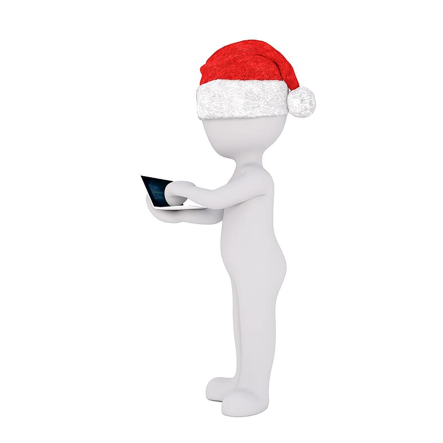 Navidad, hombre blanco, cuerpo completo, sombrero de Santa, modelo 3d, figura, aislado, tableta, computadora, ordenador portátil, controlar