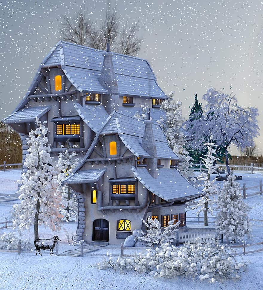 vinter, hus, sne, landskab, pæn, hvid