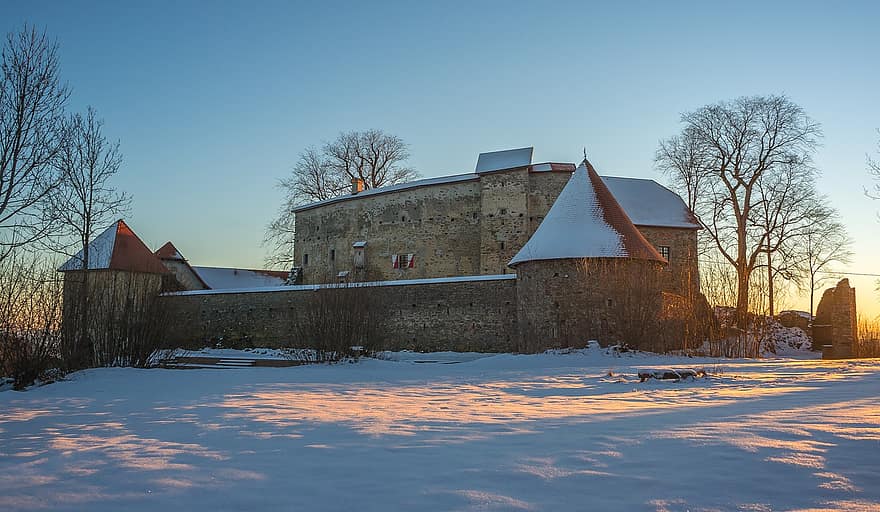 zamek, zimowy, wschód słońca, średniowieczny zamek, mühlviertel, Austria, górna austria, Europa, zamek rycerski, twierdza, bastion
