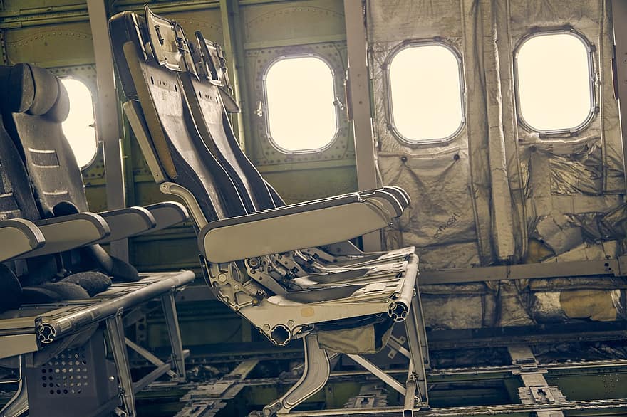 pesawat, pesawat terbang, tempat duduk, deretan kursi, boeing, dinding, windows, dibongkar, rusak, museum speyer technik
