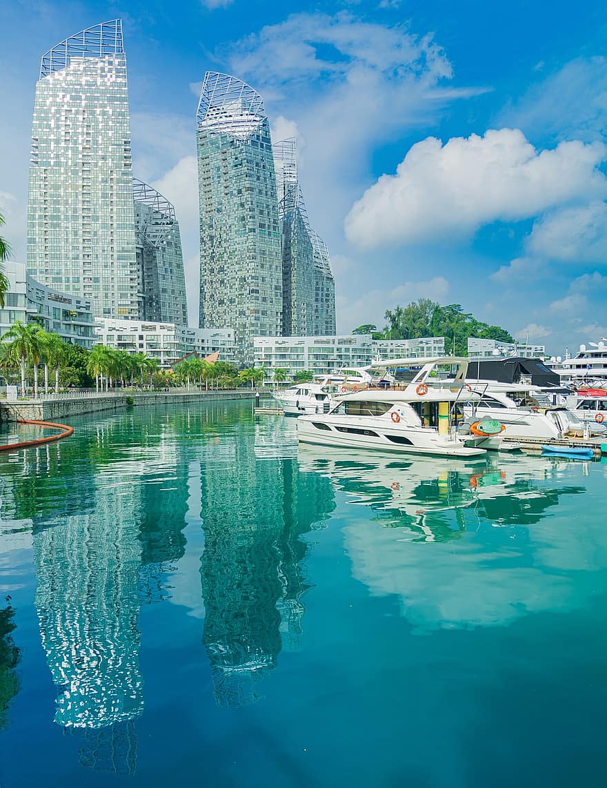 Singapur, Badia de Keppel, iot, horitzó, edificis, arquitectura, urbà, mar, embarcacions