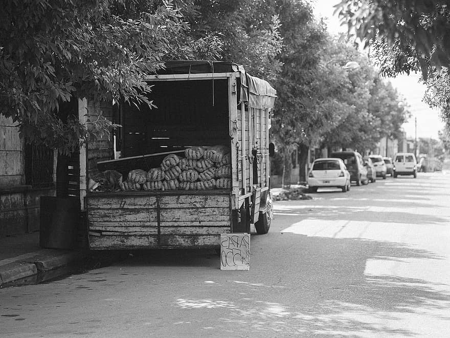 Grocery, Truck, Monochrome, Street, Transport, District, Car, transportation, mode of transport, industry, black and white