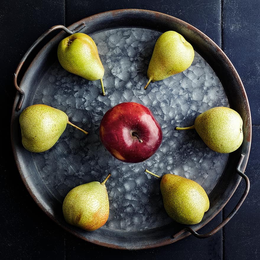 fruit, appel, peren, bord, cirkel