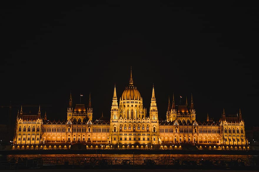 議会、建物、照らされた、建築、ブダペスト、シティ、ハンガリー、川、夜、都市、ドナウ川