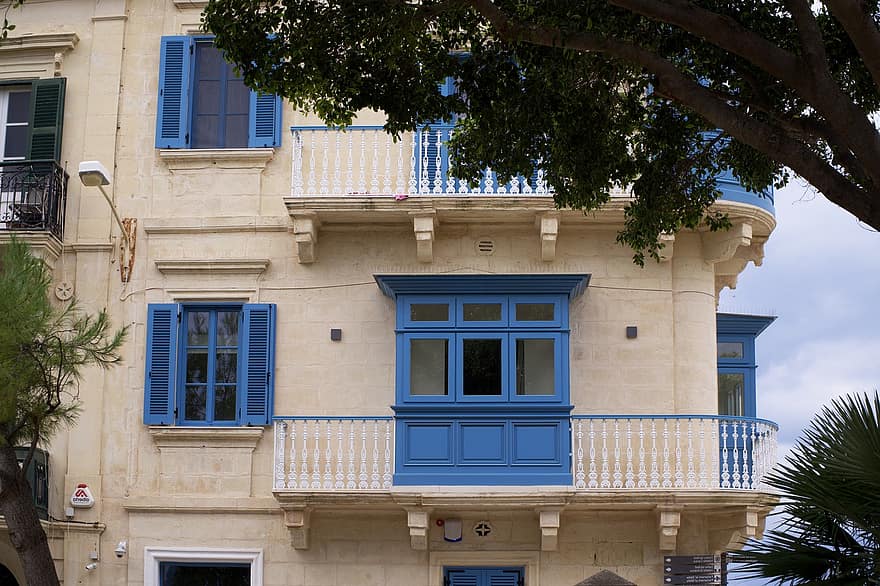 balcón, azul, historia, Valletta, Malta, antiguo