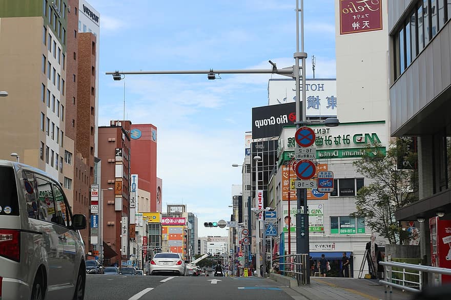 City, Road, Fukuoka, Tenjin, Japan, Town, Traffic, Street, Buildings, Urban, Cars