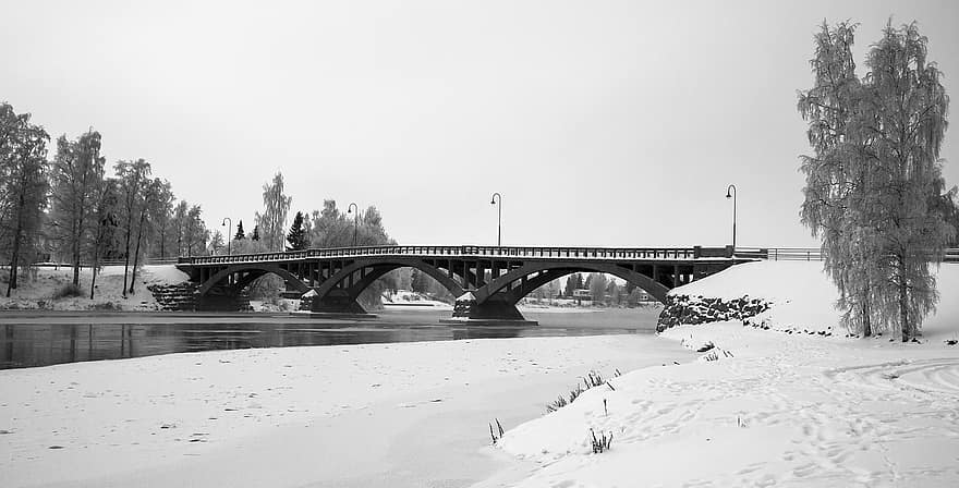 мост, зима, пътуване, сняг, на открито, река