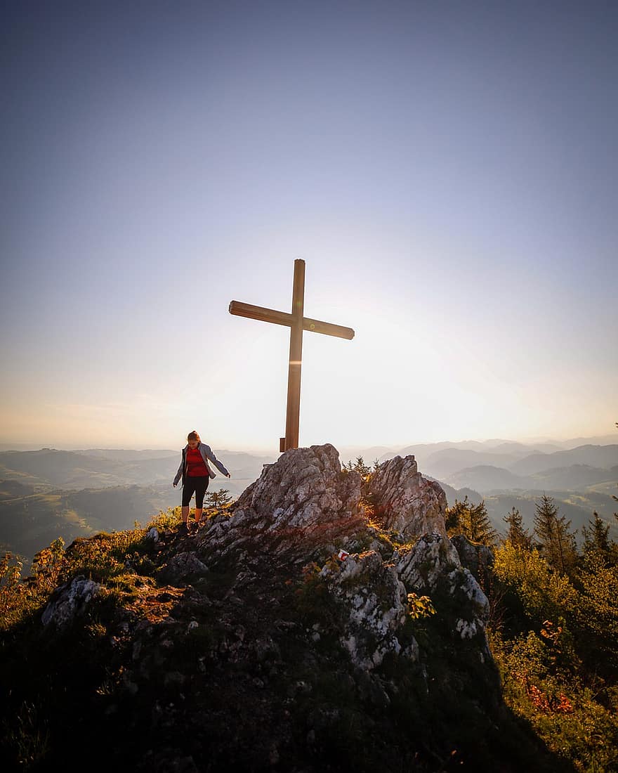 montanhas, cimeira cruz, mulher, pessoa, mochila, pico, desejo de viajar, natureza, plantar, caminhada, Áustria