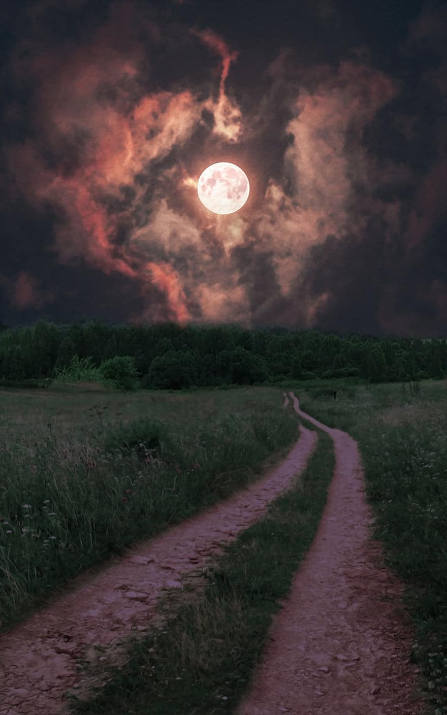 estrada, caminho, lua, campo, meia noite, rural, cena, período noturno, nuvens