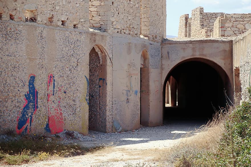 rakennus, rauniot, tunneli, kadonnut paikka, kaupunki, Cyclades, näyttää toteen, rappeutuminen, maalaus