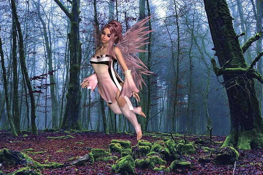 バックグラウンド、森の中、霧、妖精、ファンタジー、ピクシー、女性、キャラクター、デジタルアート