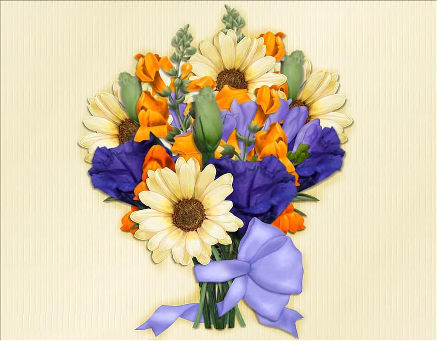 花、フローラル、花束、弓、リボン、可愛い、デイジー、アート、装飾的な、黄色い花
