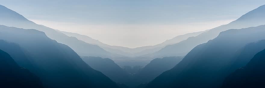 montagne, valle, natura, nebbia, nuvole, panorama, paesaggio, nebbioso, blu