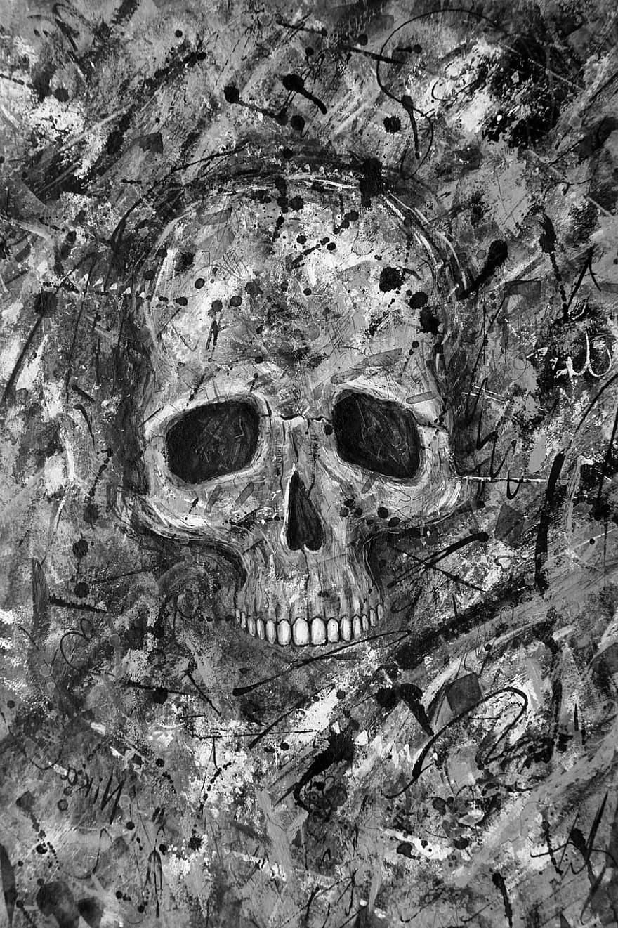 mörk, grunge, skalle, död, akryl-, läskigt, skrämmande, målning, symbol, signerad, konstverk