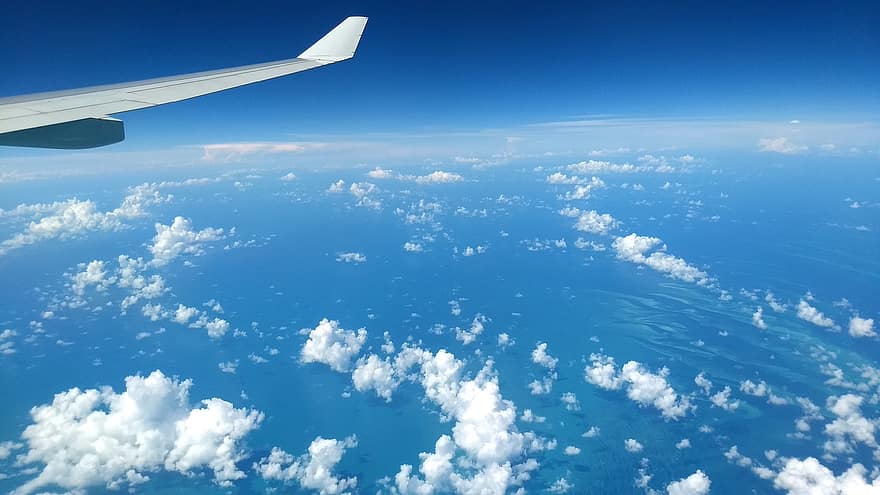 gökyüzü, bulutlar, uçak kanadı, uçan, uçak, seyahat, deniz, okyanus, uçuş, atmosfer, görünüm