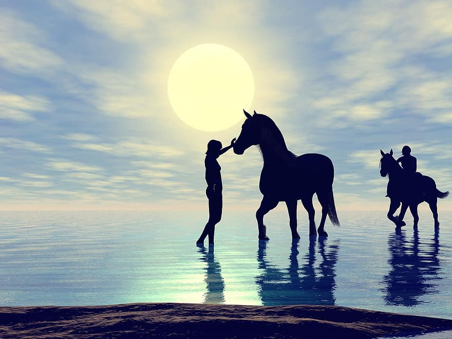 paarden, ruiters, paard, vrouw, meisje, silhouet