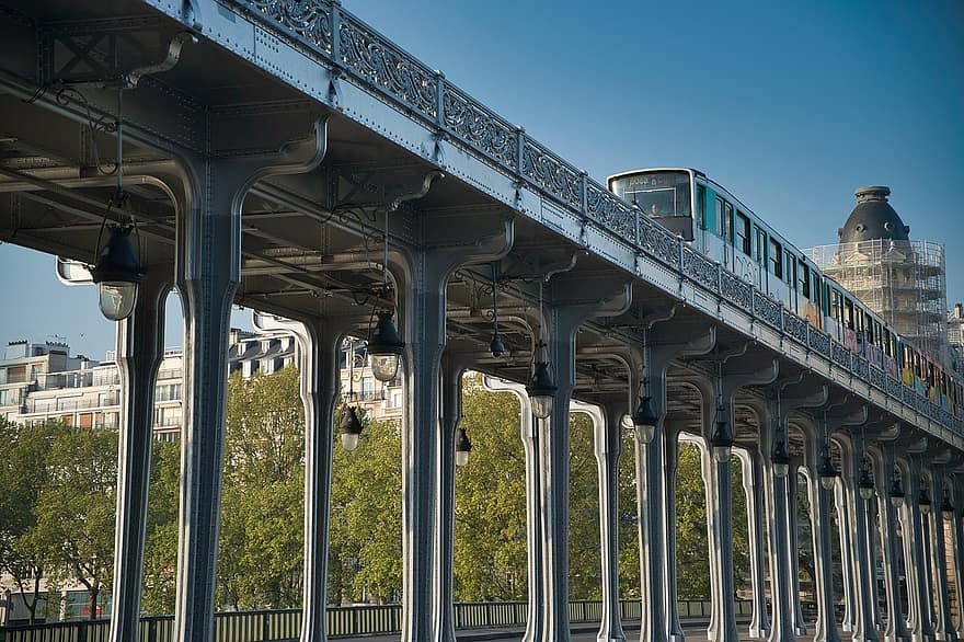 Parijs, viaduct, brug, spoorweg, trein, metro, vervoer-, weg, pijlers, structuur, stedelijk