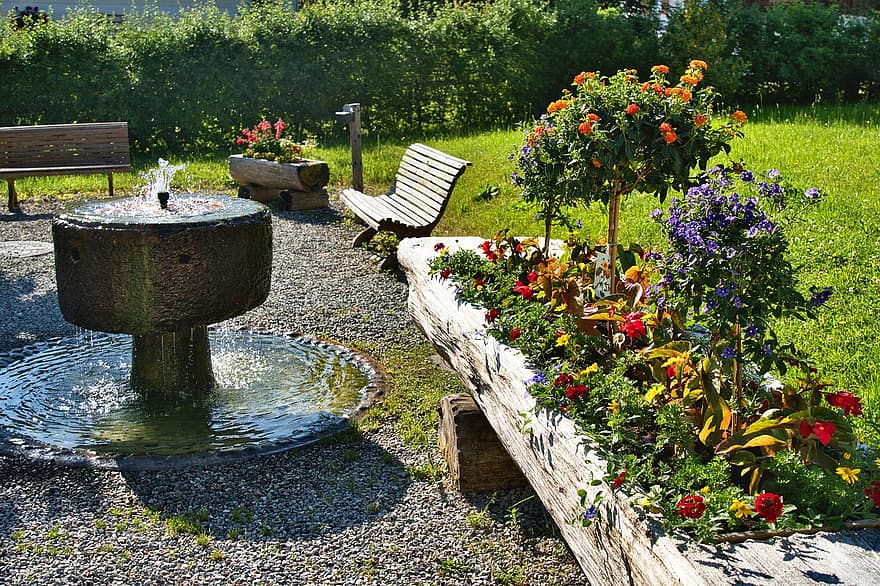 фонтан, цветы, коробка, отдых, мирное, цветок, летом, формальный сад, трава, завод, зеленого цвета