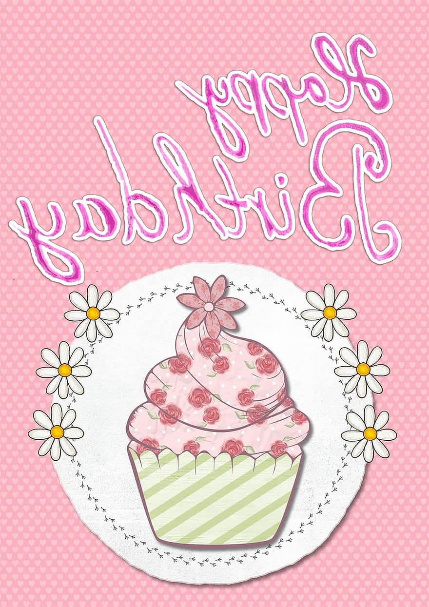 contento, compleanno, carta, saluto, rosa, Cupcake, ragazza, celebrazione, evento, buon compleanno, carta di buon compleanno