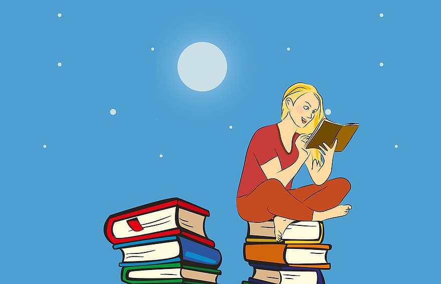 leyendo, libro, cielo, estrella, Luna, noche, educación, Hobby, imaginación, aprender, literatura