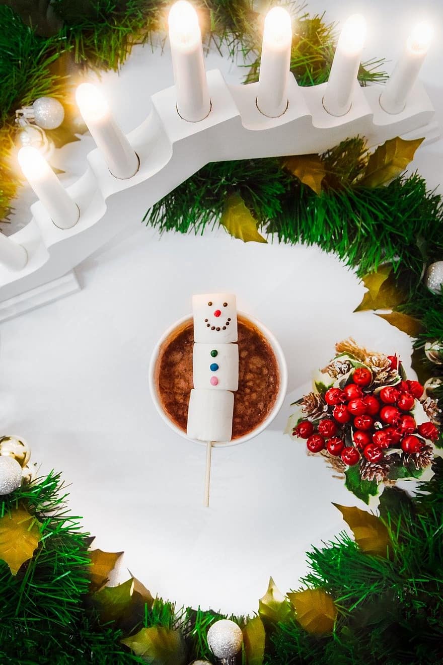 Noël, chocolat chaud, boisson, bougies, guimauve, cacao
