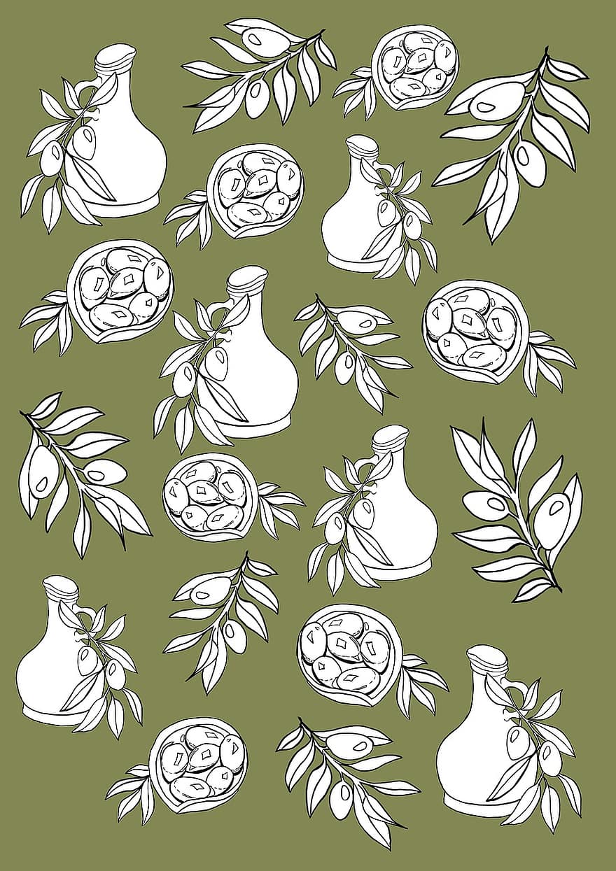 oliven, mønster, krukker, natur, doodle