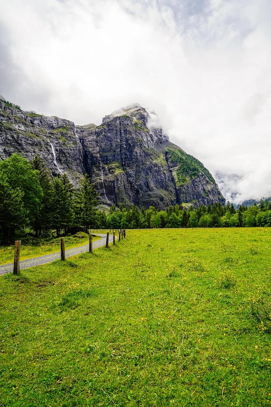 Thụy sĩ, đi bộ đường dài, Thung lũng cổ chân, núi, phong cảnh, những đám mây, núi cao, Thiên nhiên, đá, thác nước, rừng