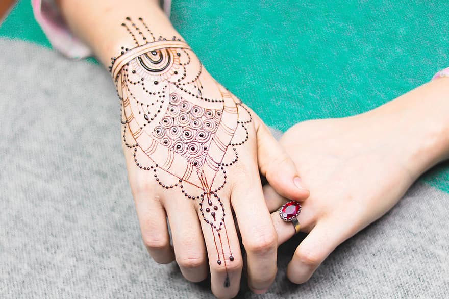 meisje, hand-, henna-, mendi, verf, patroon, Indië, mensen, mode, mehendi, vrouw