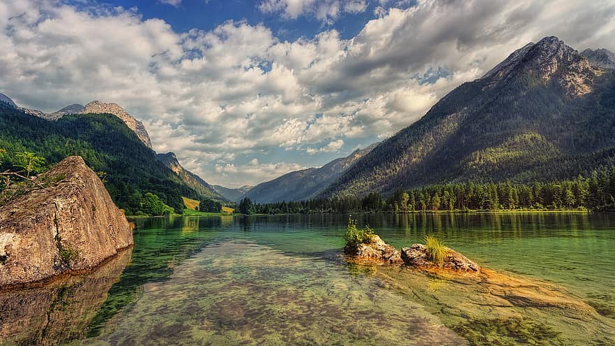 järvi, Hintersee, alppi-, maisema, Baijeri, luonto, Berchtesgaden, Ramsau, vesi, vuoret, panoraama
