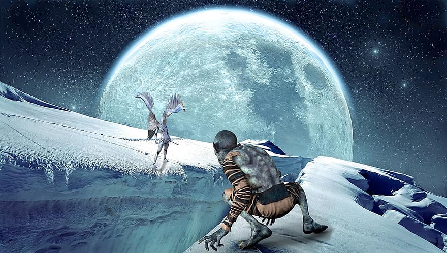 Background, Mountains, Moon, Snow, Angel, Creature