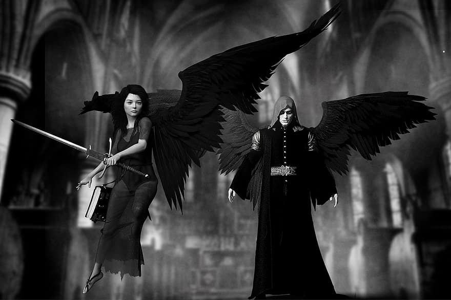 Dark Angels, Characters, Fantasy, Man, Woman, Male, Female, Angels, Wings, Sword, Gothic