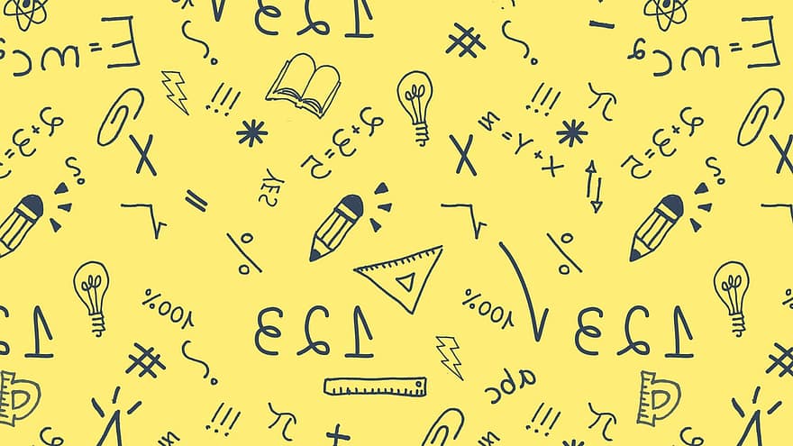 amarillo, fondo, garabatear, libro, bombilla, idea, porcentajes, regla, relámpago, asterisco, flechas
