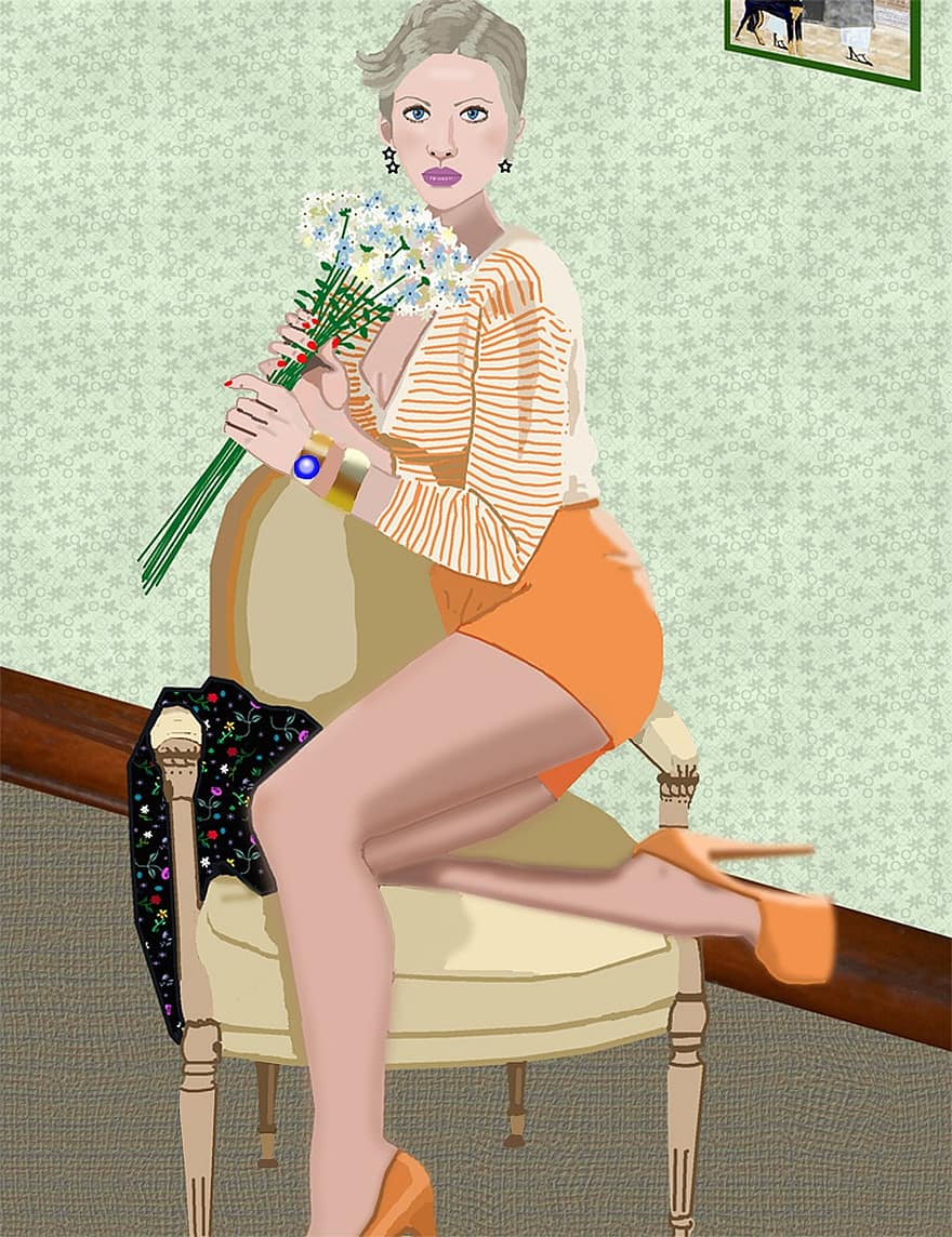 Mooie blonde vrouw, stoel, boeket bloemen
