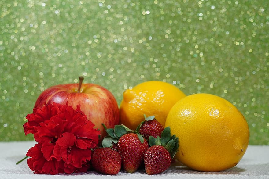 frukt, sitron, eple, oransje, jordbær, mat, blomst, fersk, sunn, moden, organisk