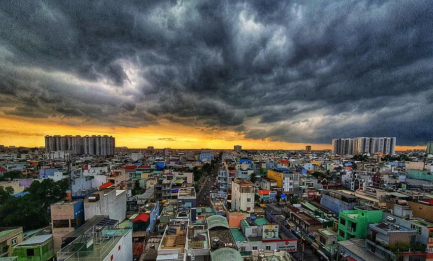 matahari terbenam, Vietnam, Cityscape, awan, langit, terbenamnya matahari, urban, indah, kontras, Latar Belakang, warna