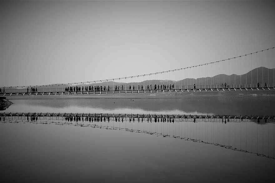 Bridge, River, Black And White, Reflection, Water, Mountains, Hanging Bridge, People, Tourists