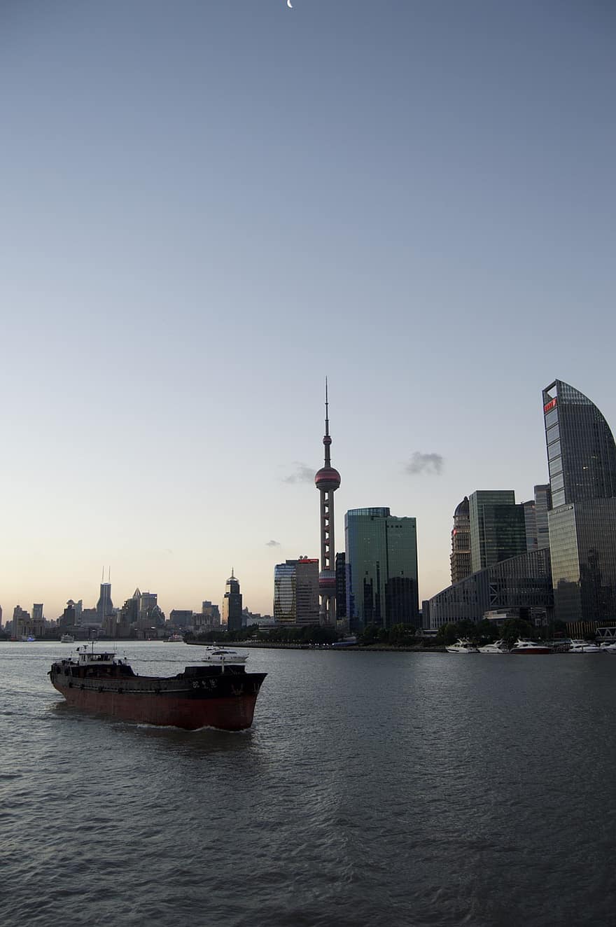 лодка, корабль, Шанхай, панорама, город, городской, река, Азия, небоскреб, городской пейзаж, башня