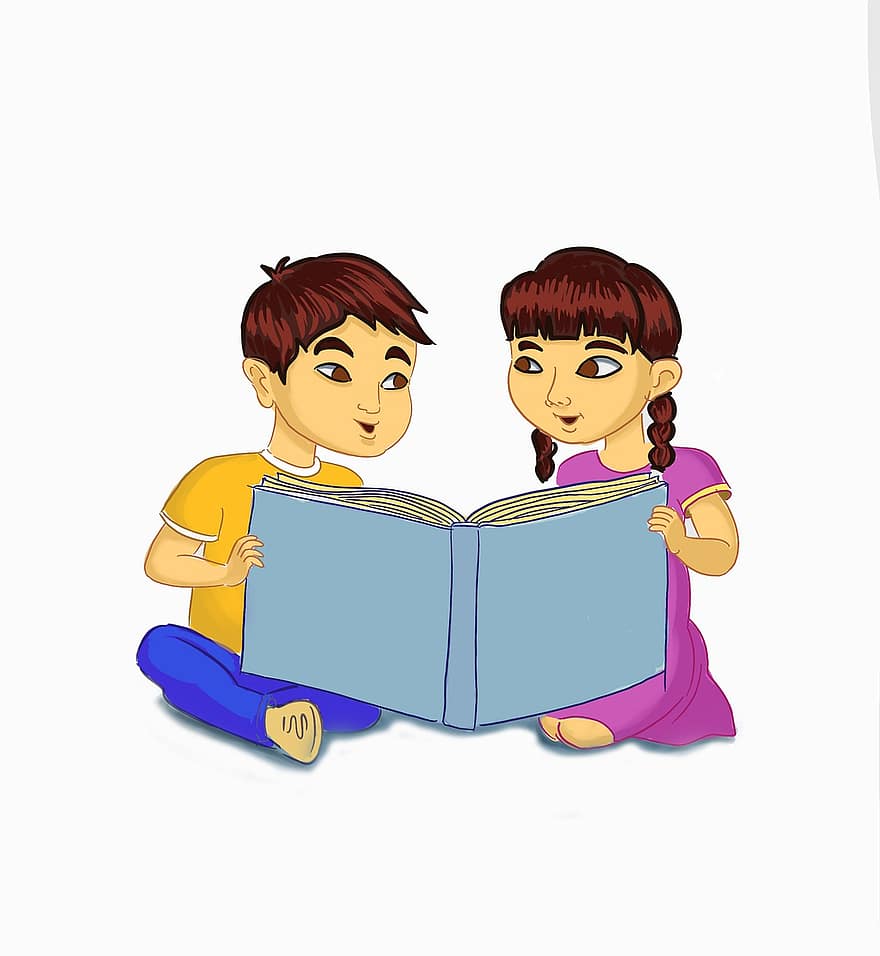 barn, bok, lese, lykkelig, asiatisk, usbekiske, pike, gutt, ung, lesning, barndom
