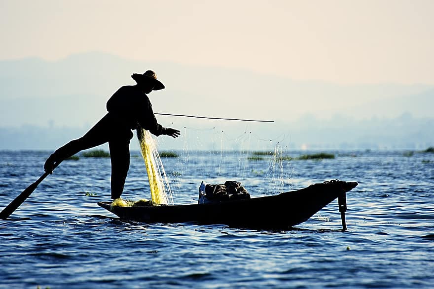 قارب ، صياد السمك ، شبكة