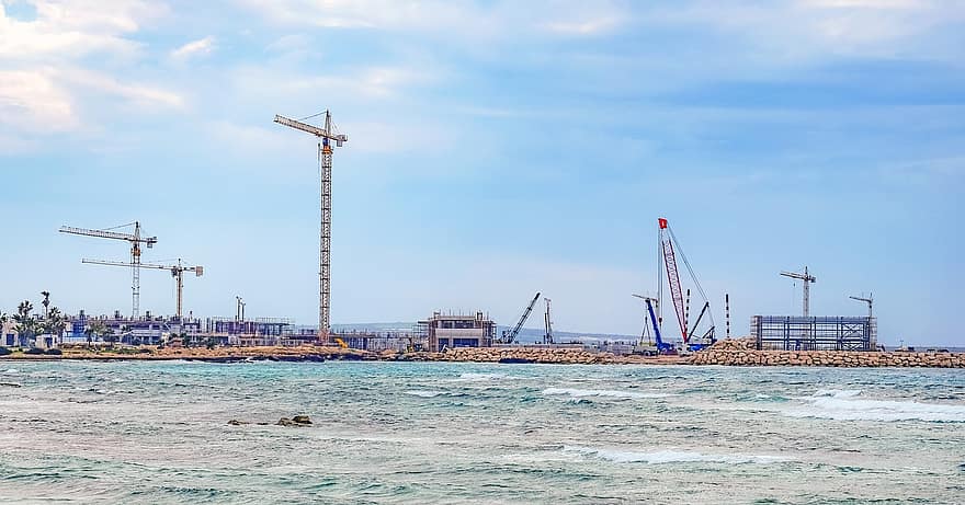 Cranes, Sea, Harbor, Ocean, Construction Site, Heavy Machines, crane, construction machinery, commercial dock, industry, construction industry