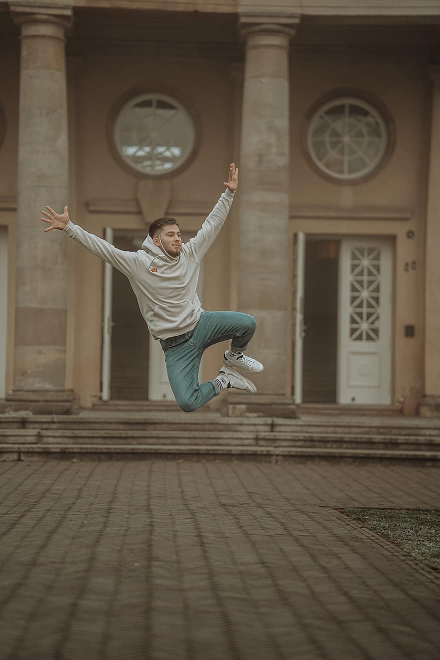 Man, Jump, Outdoors, Model, Fashion, Pose, men, one person, lifestyles, jumping, adult