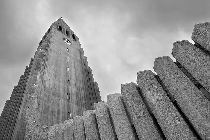 Kirke Hallgrímur, island, skyer, perspektiv, reykjavik, kirke, milepæl, turistattraktion, monokrom