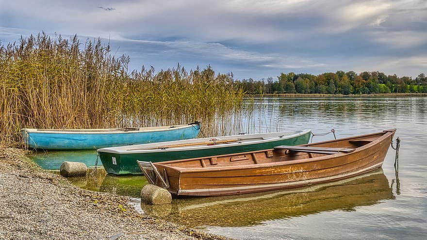 езеро, лодки, околност, тръстика, вода, отражение на водата, природа, панорамен, Химзее, Химгау, Бавария