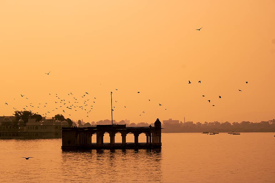 danau, langit, matahari terbit, matahari terbenam, Udaipur, kota danau, India, perjalanan, pariwisata, tua, Arsitektur
